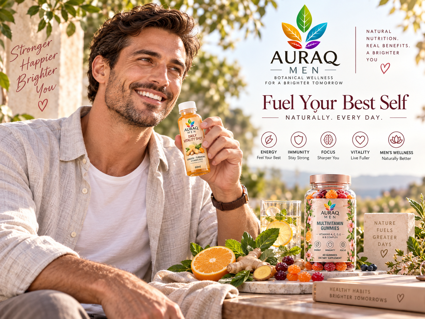 Healthy man enjoying AURAQ wellness products