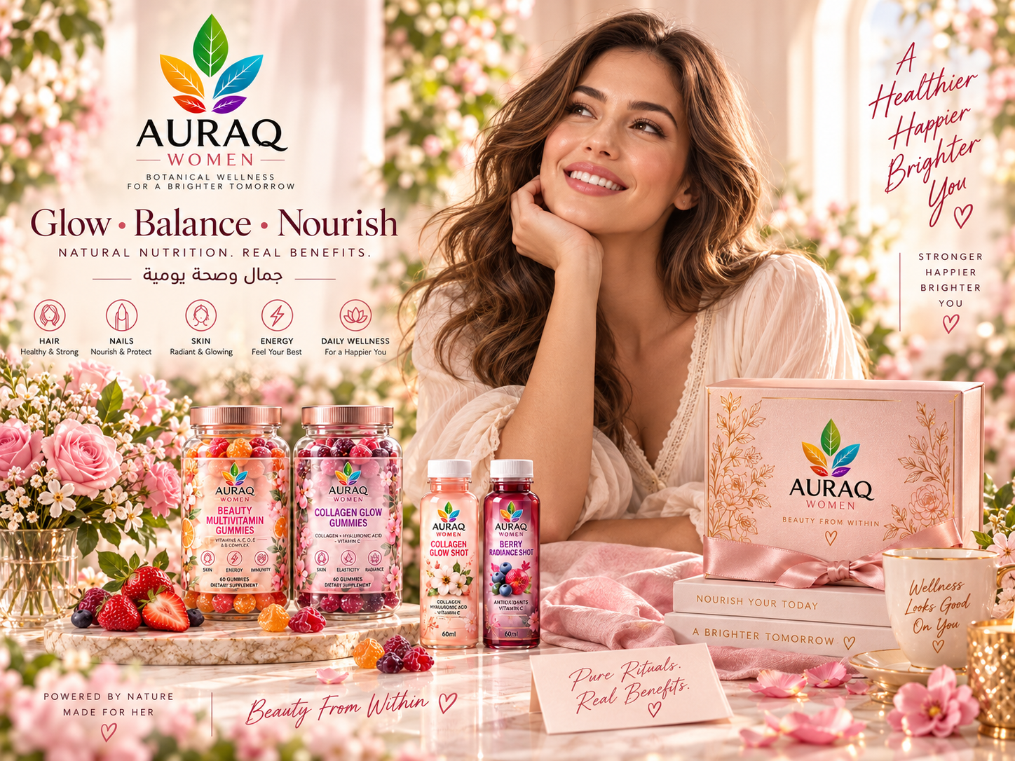 Healthy radiant woman with AURAQ Women products